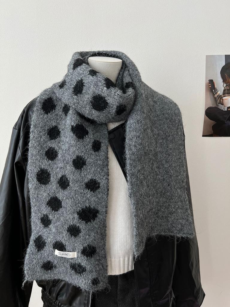 Korean Style Polka Dot Plush Knitted Scarf Soft Thick Color-Block Scarf Thermal Windproof Neck Warmer Scarves