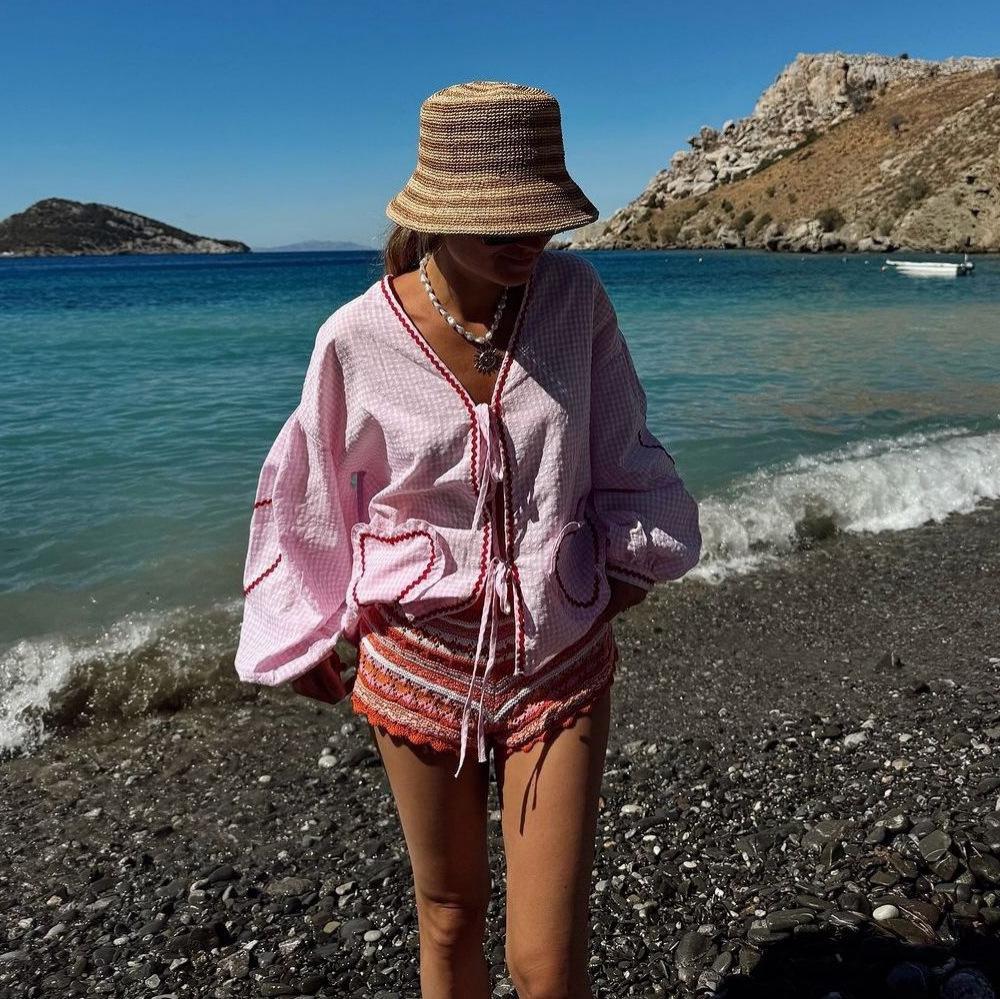 Camicia a Quadri Cuore con Maniche a Lanterna Europee e Patchwork di Pizzo Primavera/Estate 2026