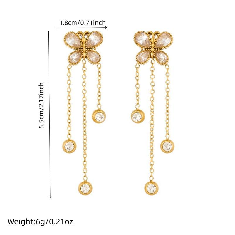 Gold Plated Stainless Steel Butterfly Earrings with Tassel & Clear CZ Drops for Women