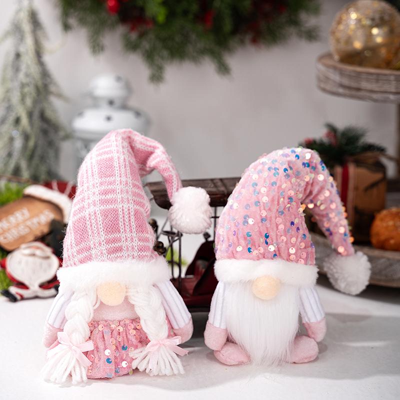 Christmas Gnome Plush Decorations,Elf Dwarf Gnomes Doll Pink Sequin Hat Design For Home Christmas Table Decorations