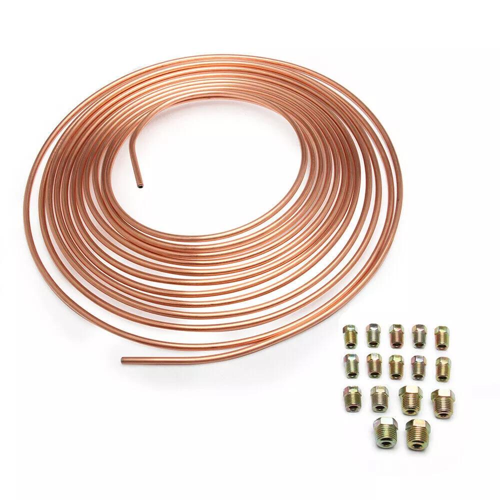 25ft 7.62m Car Roll Tube Coil of 3/16" OD Copper Brake Pipe Hose Line Piping Tube Tubing Rust-proof With 16PCS Tube Nuts
