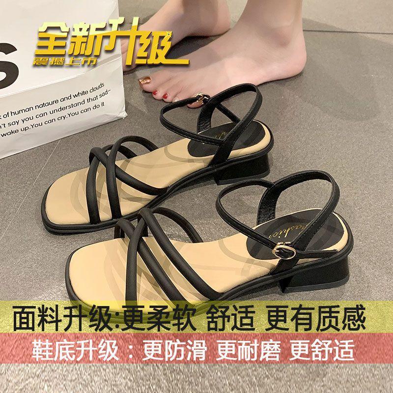 Sandals women's summer 2025 new fashion fashion one-line belt with mid-heel thick heel fairy style with skirt Roman women's shoes