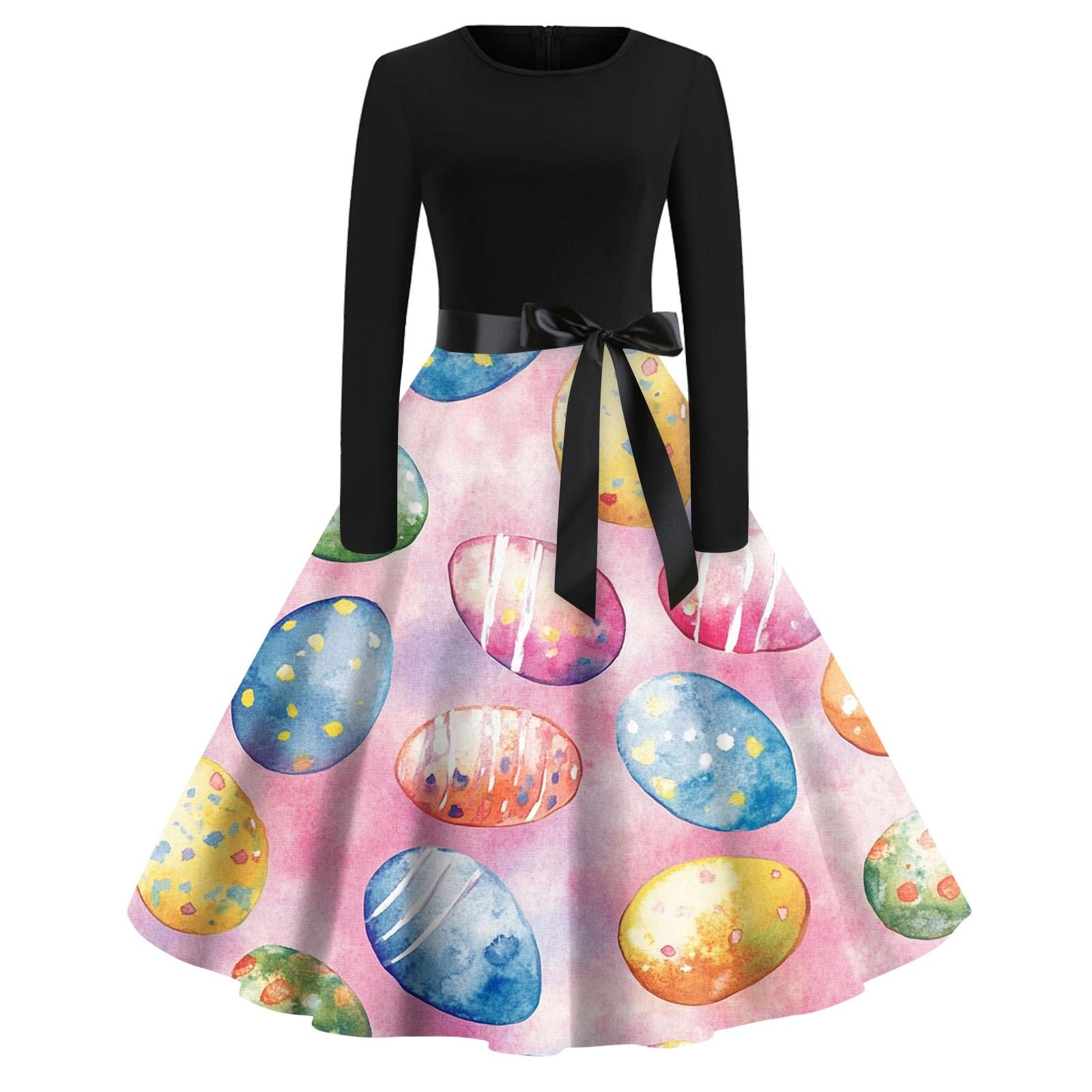 

Women s Dresses Fashion Round Neck Casual Slim Easter Printed Long Sleeve Dresses XXL рожевий