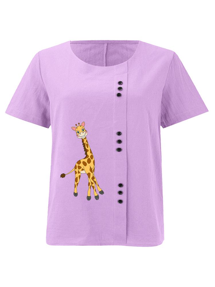 Women's Fashion Giraffe Print Shot Sleeve T-shirt Loose Cotton Shirt Casual Loose Summer Blouse Tops Plus Size