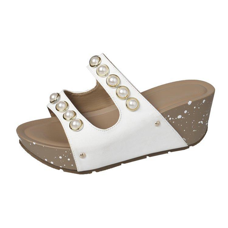 Women's Slippers Pearl Decorative Sandals Casual High Heels Sandals for Women Wedge Slippers Non-Slip Platform Sandalias