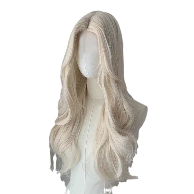 White Gold Long Curly Synthetic Wig High Quality Fashion Big Wave Bangs Women's Hair Wig