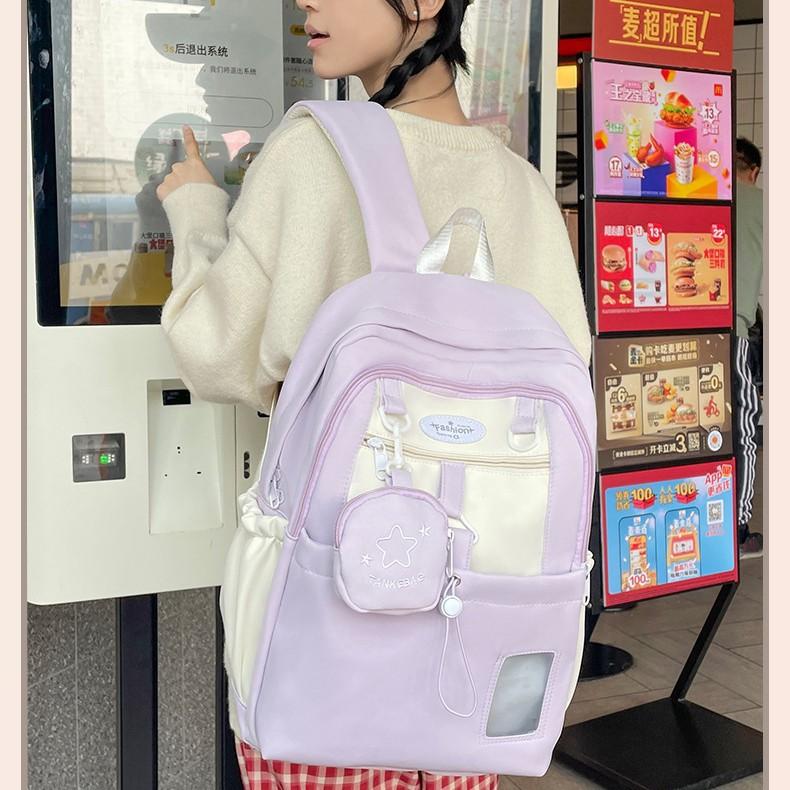 Versatile contrasting color college schoolbag female, cute large-capacity backpack, junior high school student backpack