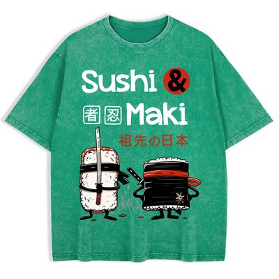 Japan Comics Ninja Sushi Printed Washed T-Shirts Mens Cotton Oversize T Shirt Basic O-Neck Short Sleeve Tops Summer Clothes