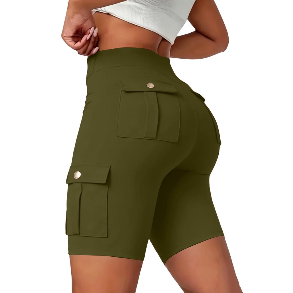 Damen Yoga-Shorts mit Taschen - Atmungsaktive Knopfleiste Hoher Bund Trainingshose