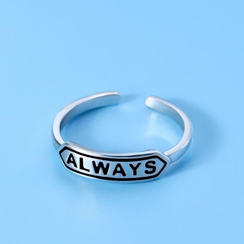 BELLA BOX Retro ALWAYS Lucky Ring, A Niche English Letter Chain Index Finger Ring For Women, An Aged Imitation Thai Silver Open Ring