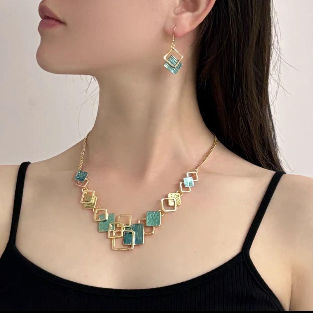 Geometric Vintage Colored Necklace Vintage Square Bracelet Elegant Women Jewelry Set  Party