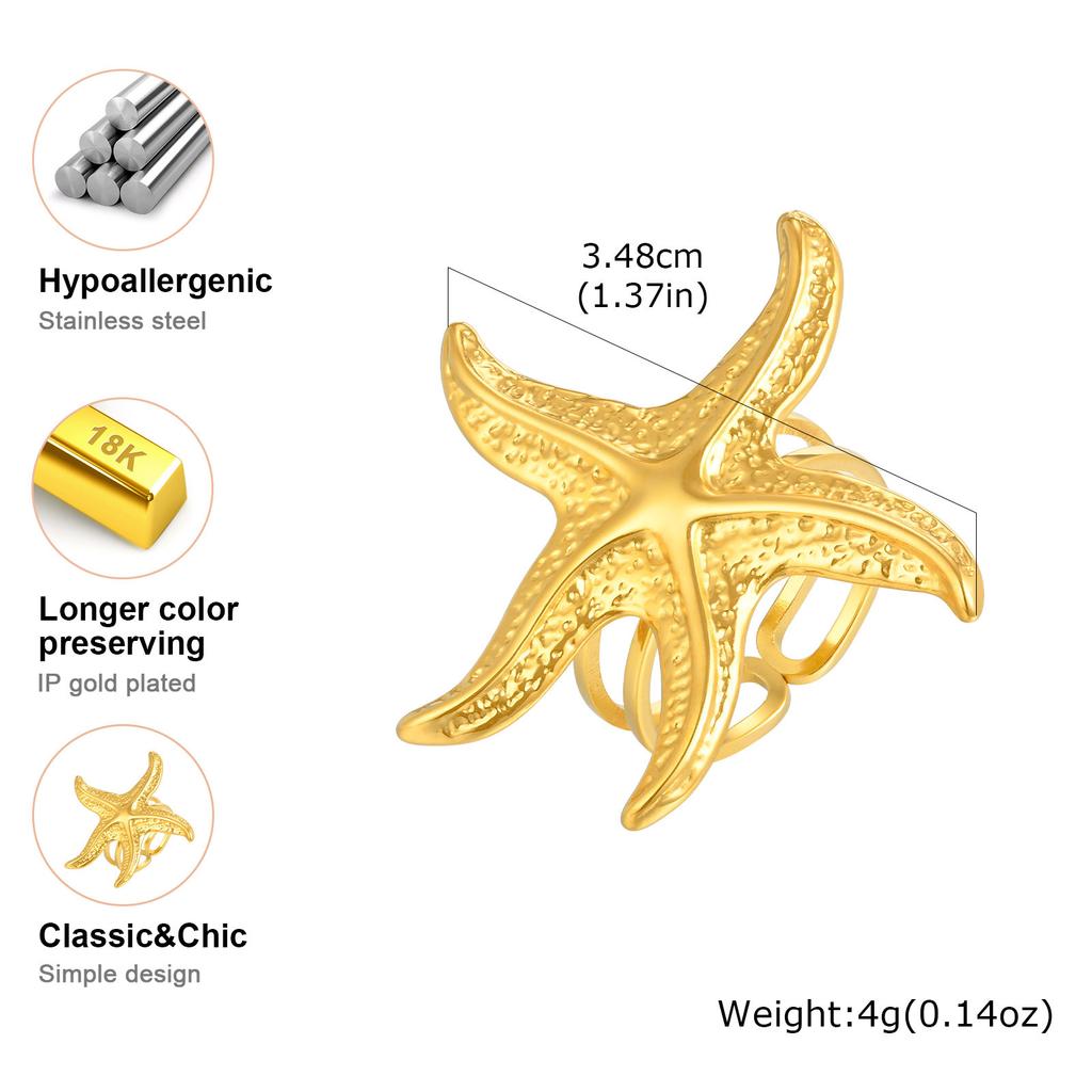 Starfish Open Rings for Women, Stainless Steel Adjustable Ring Beach Sea Ocean Fashion Jewerly Gift