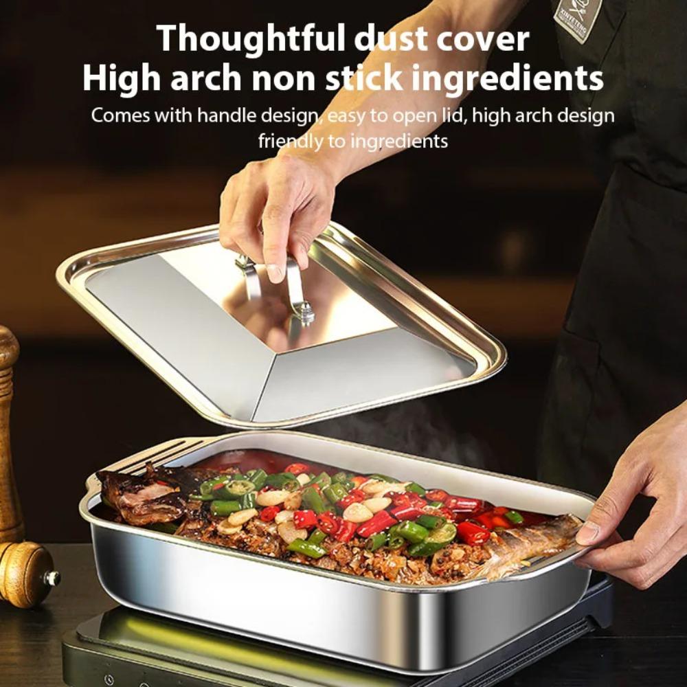 Głęboka blacha do pieczenia ze stali nierdzewnej, taca do grillowania ryb, taca do BBQ z pokrywką, prostokątna taca z płaskim dnem z podwójnymi uszami na kemping, do domu