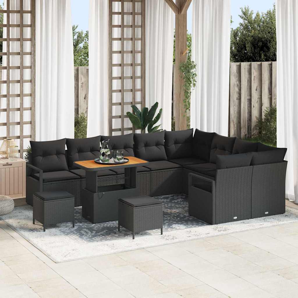 Garden Sofa Set with Cushions 12 pcs Black Poly Rattan