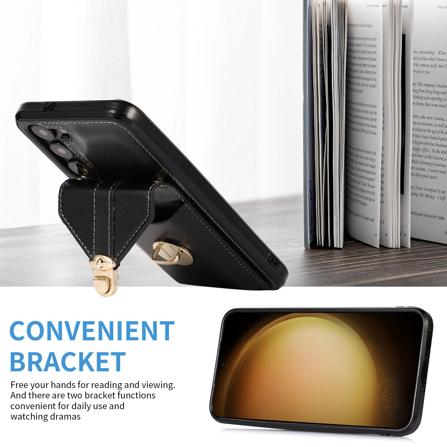 

Phone Cover for Samsung Galaxy S23+ PU Leather+TPU Card Holder Kickstand Case with Shoulder Strap Black