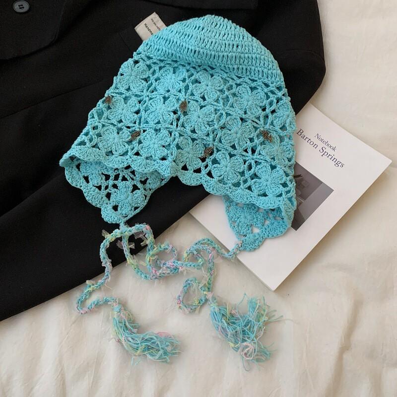 Hand Crocheted Openwork Floral Tassel Beanie Hat Women Lightweight Breathable Knit Cap