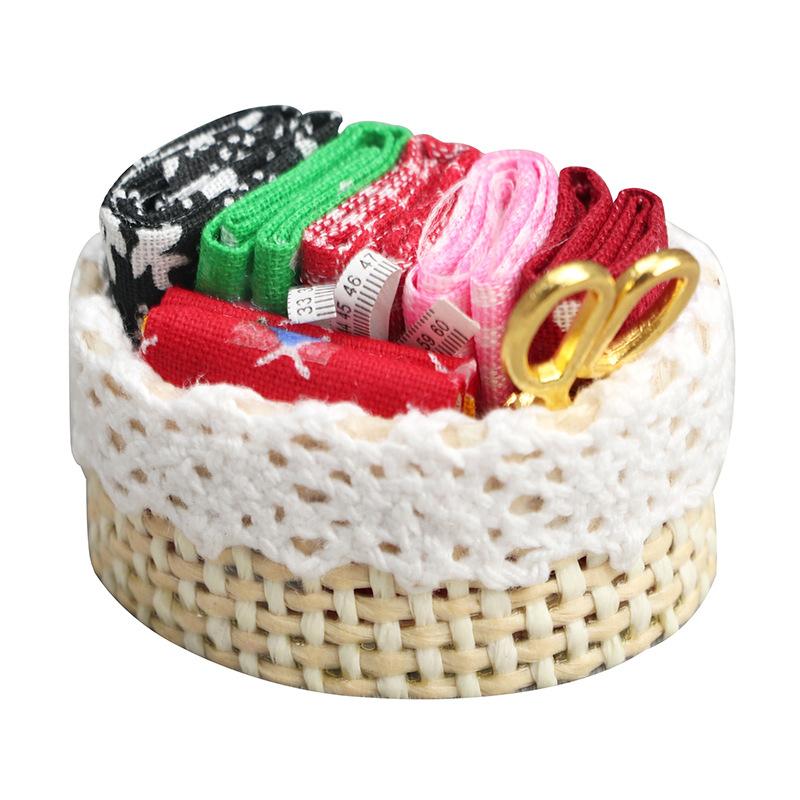 1/12 Dollhouse Miniature Accessories Mini Sewing Tools Basket Simulation Scissors Cloth Ruler For Miniature Scene Decoration