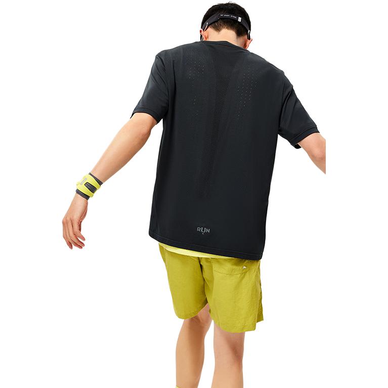 Li Ning Série Corrida Cor Sólida Pulôver Gola Redonda Respirável Manga Curta Camiseta Tops Masculinos Preto ATSU195-1