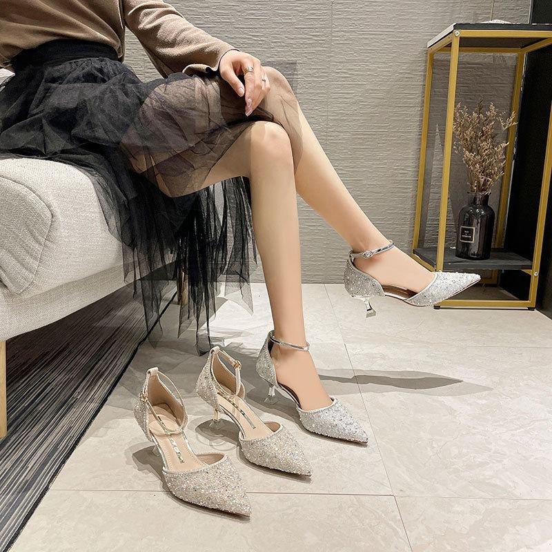 99912 night show fashion one-word belt hollow high heels 2026 spring new pointed bridesmaid wedding shoes