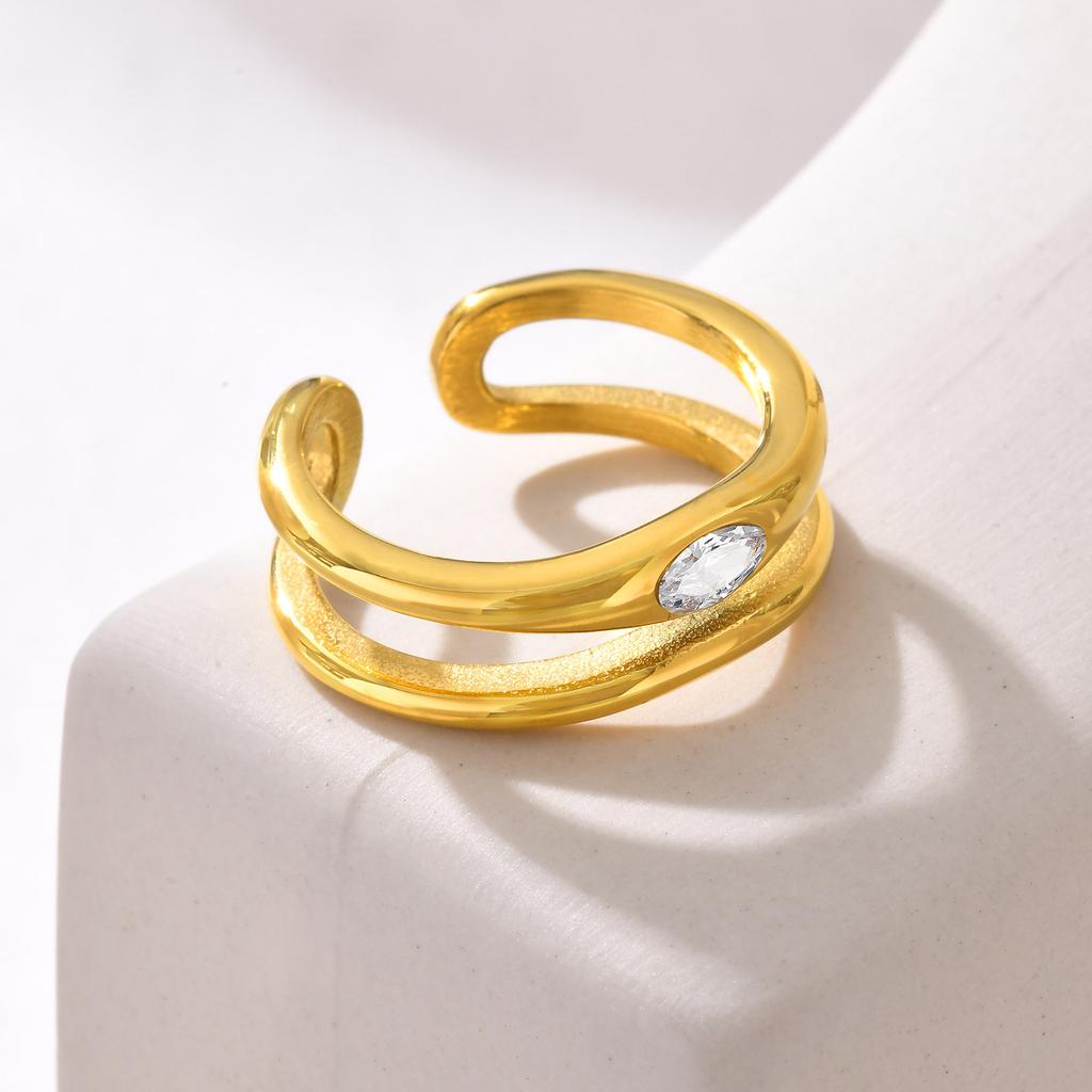 Double-layer Hollow Open Zirconia Rings for Women, Gold Plated Stainless Steel Finger Ring, Luxury Waterproof Jewelry
