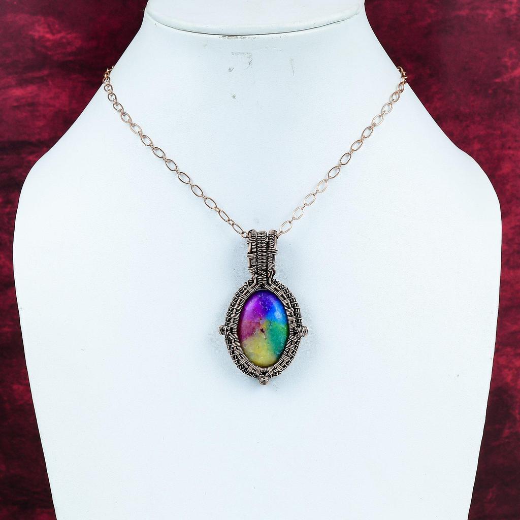 Rainbow Solar Quartz Druzy Pendant Copper Wire Wrapped Pendant Handmade Copper Jewelry Gemstone Pendant Wire Weaving Jewelry Gift For Mother