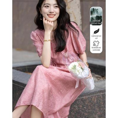 Demana Elegant French V-Neck Jacquard Lyocell Puff Sleeve Dress