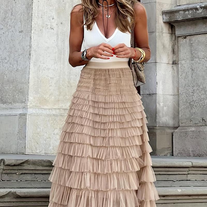 Elegant Boho High Waist Skirt for Women - Durable, Comfortable Fit with Chic Mesh Layer & Contrast Lace, Perfect for Spring/summer