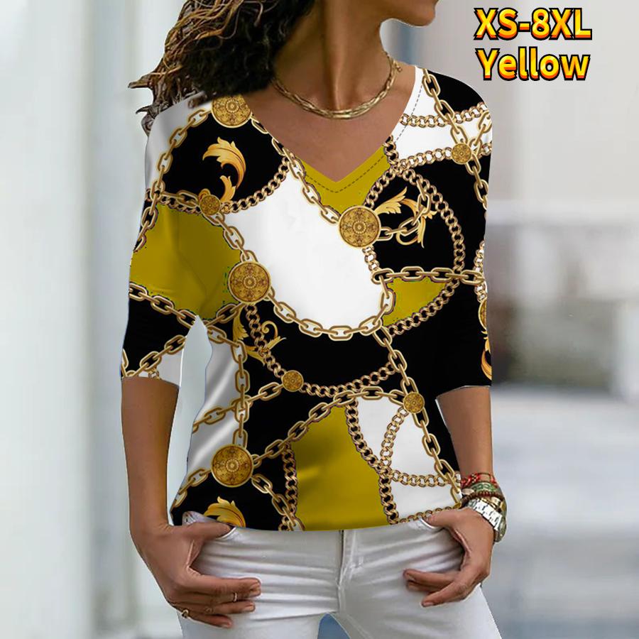 

Женские осенние футболки с длинными рукавами с цветочным принтом и золотой цепочкой, свободные футболки с v-образным вырезом, большие размеры, топы, удобная блузка XXL жёлтый