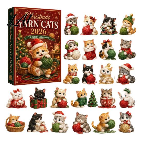 Holiday Decoration for Kids Christmas Cat Advent Calendar 24 Day Countdown with Cute Ornaments Gifts Children 2D Acrylic Kitty Decorations,