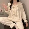 Women Flannel Pajama Set Winter Thick Warm Square Neck Long Sleeve Princess Style Bow Butterfly Casual Loungewear Home Sleepwear