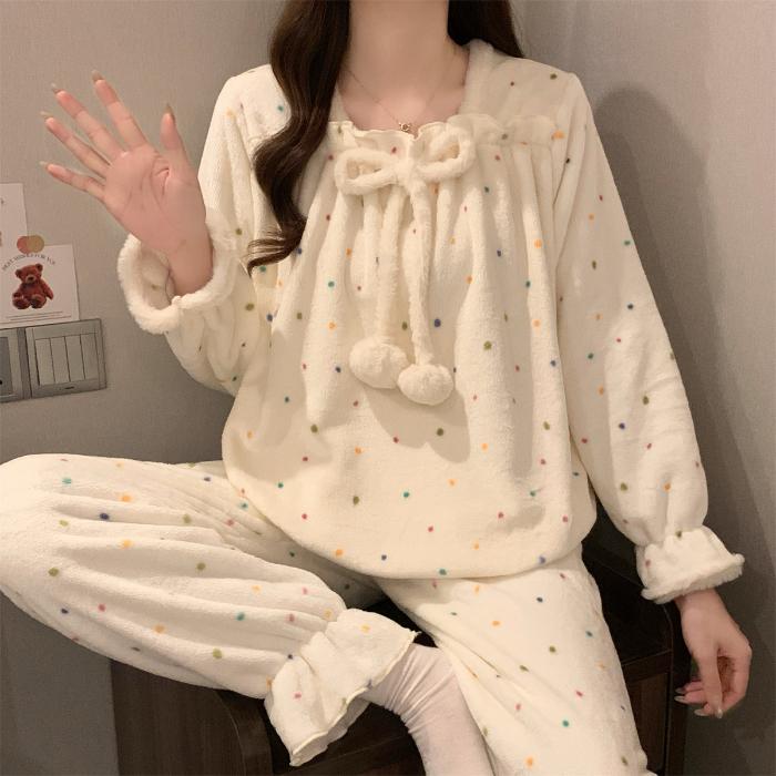 Women Flannel Pajama Set Winter Thick Warm Square Neck Long Sleeve Princess Style Bow Butterfly Casual Loungewear Home Sleepwear