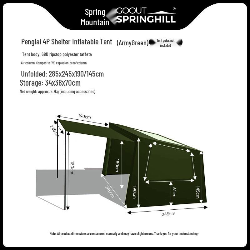 Spring Mountain 4P Inflatable Tent - One Bedroom, One Living Room, Rainproof, Skylight, Outdoor Camping Shelter.
