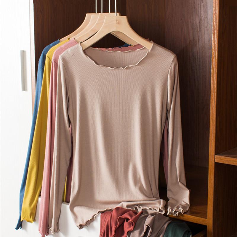 Women's Slim Fit Wood-Ear Trim Modal Long Sleeve T-Shirt, Round Neck, Plus Size, Spring/Autumn Versatile Top