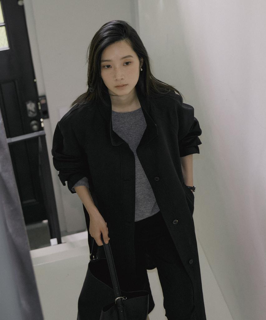 LINGSEOUL High Neck Trench Coat-Black