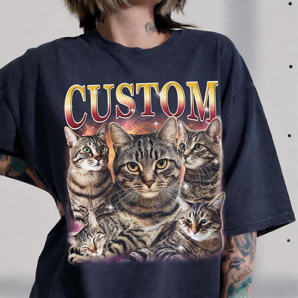 Custom Cat Bootleg Shirt, Vintage Tabby Cat Photo Shirt, Personalized Pet Picture Tee, Cat Lover Shirt, Pet Name Tee, Cat Mom Gift