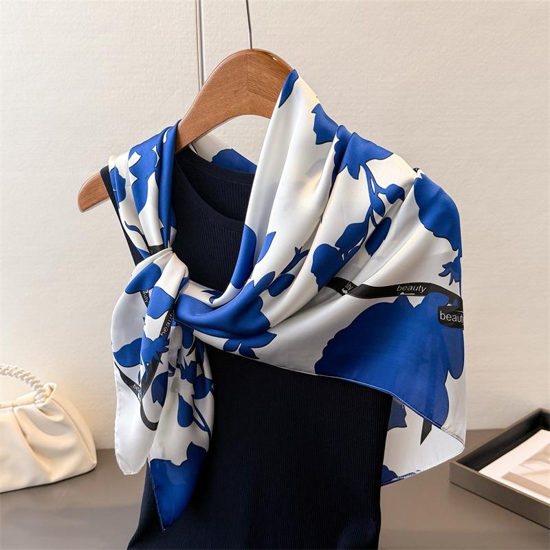 

Flower Ribbon Satin Imitation Silk Printing Large Square Scarf Silk Scarf Shawl Headscarf Neck Protection Scarf 90*90cm