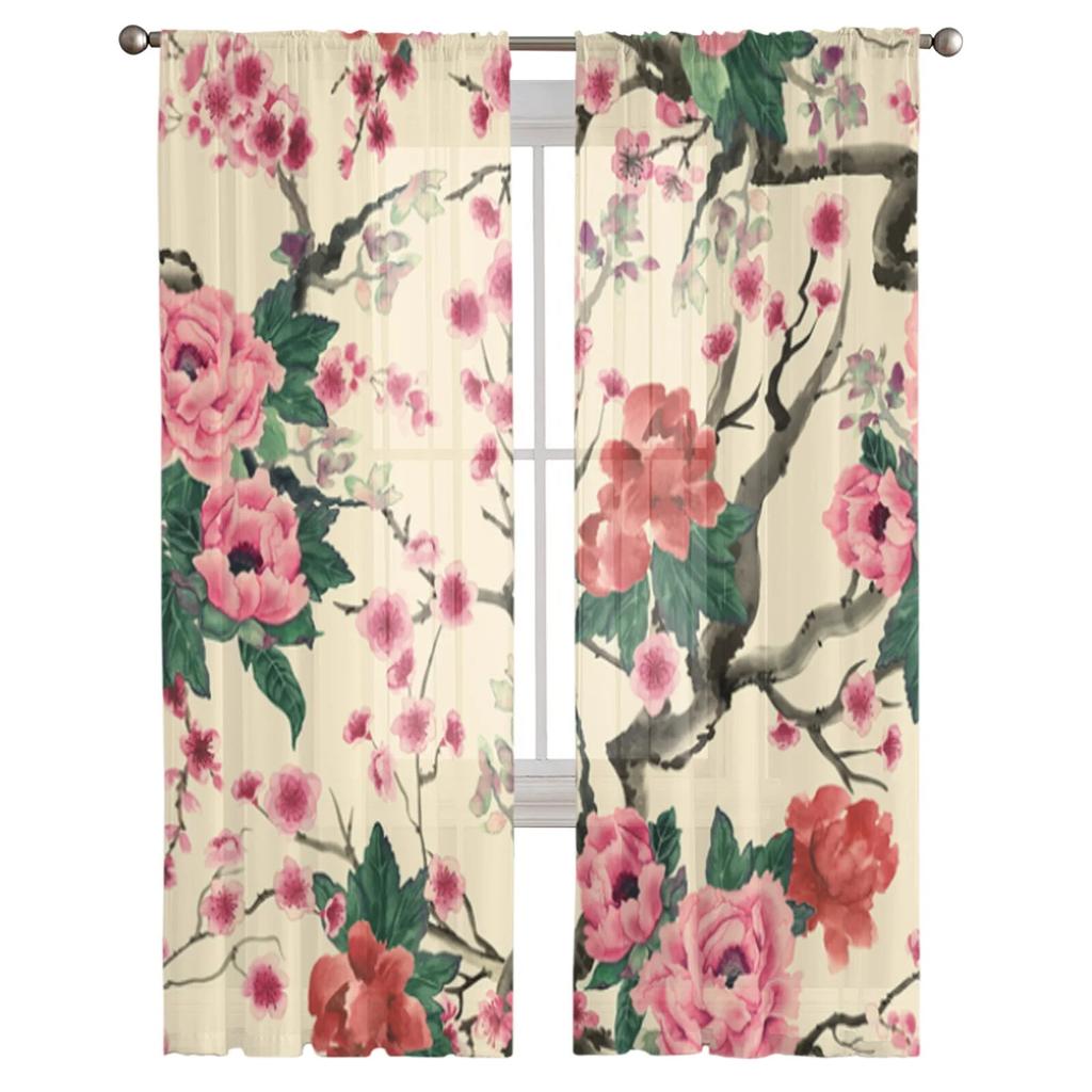 Dream Cherry Blossom Pink Sheer Curtains for Girl Kids Bedroom Kitchen Window Drapes Curtain Home Decoration