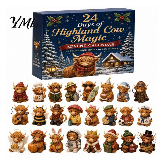 Decorative Bag Charms Highland Cow Advent Calendar, 24 Unique Acrylic Ornaments, Collection 2D Flat Hanging for Christmas Tree Decoration Festive