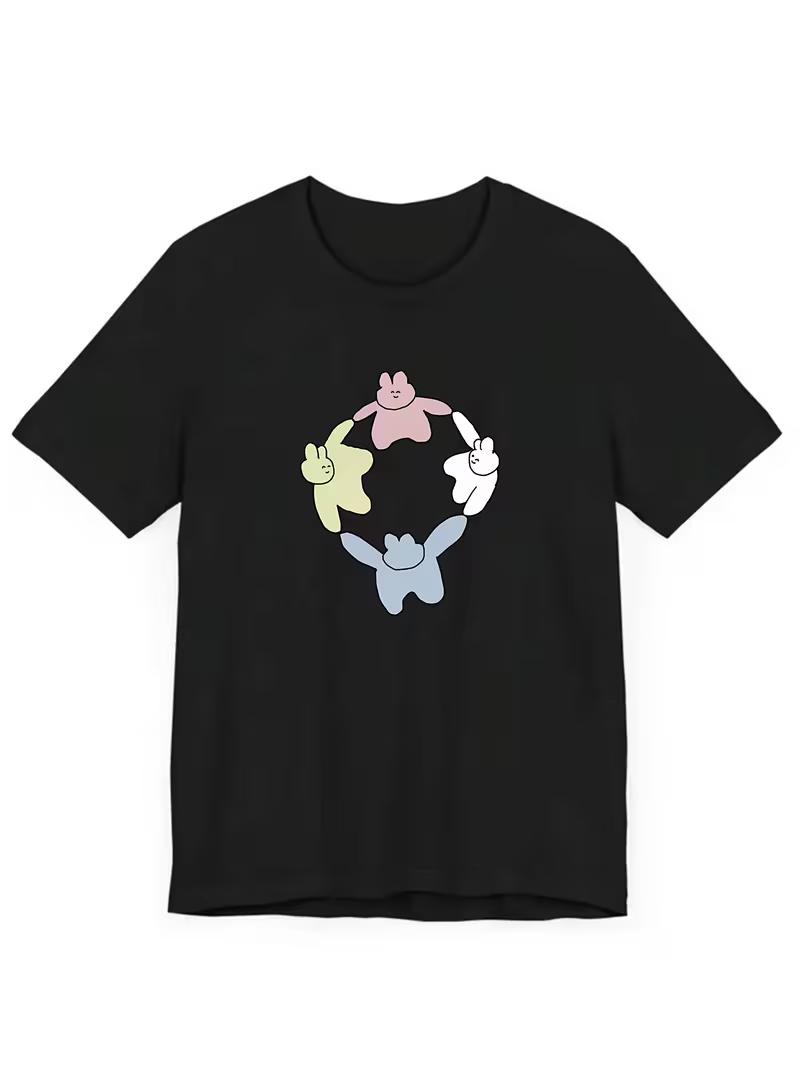 

Cute Cartoon Bunnies Circle Graphic TShirtSweet Colorful Rabbit Print Casual Crew Neck Short Sleeve Top Ladys Tshirt S