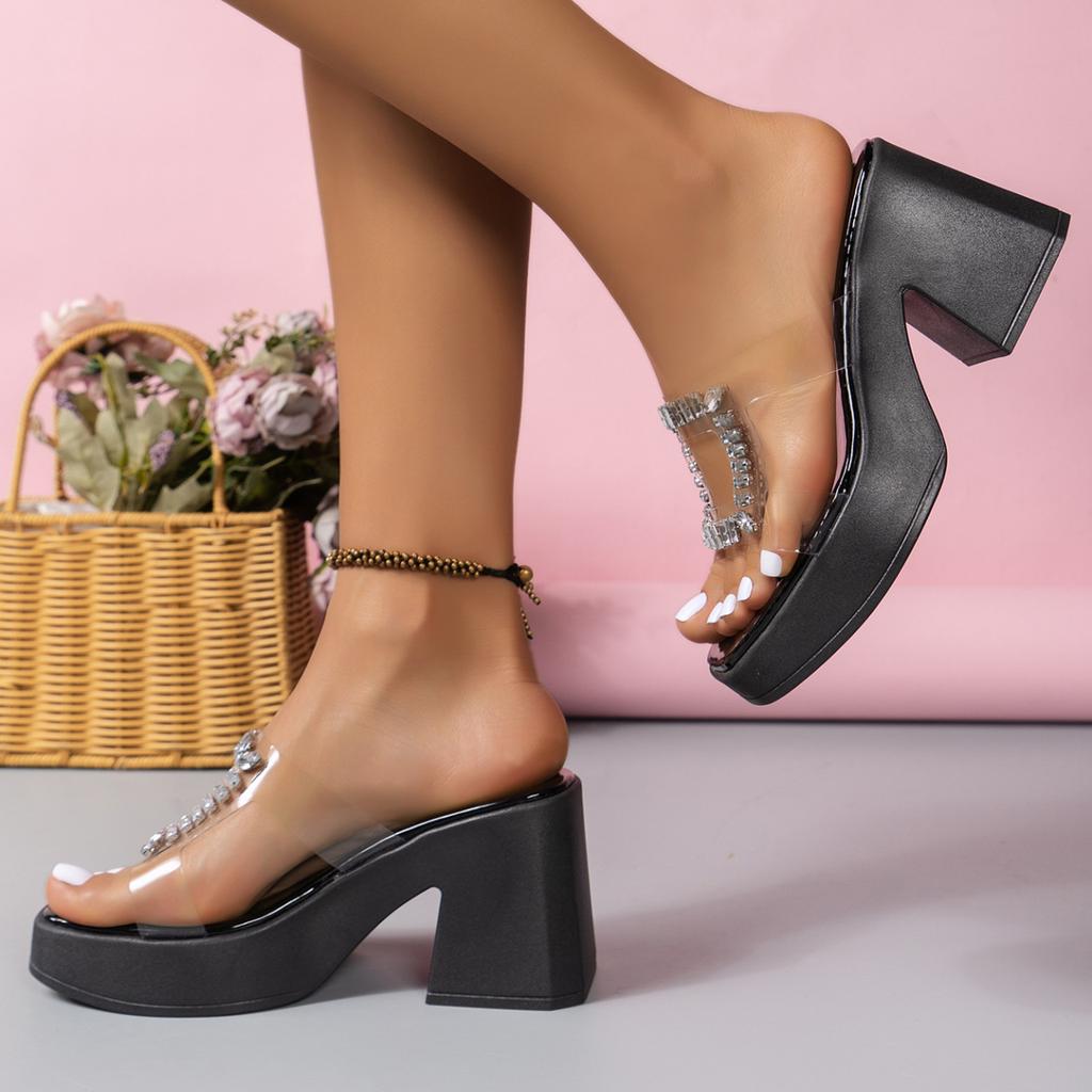 Kvadratinė galva Moteriškos vasarinės aukštakulnės šlepetės Moteriškos madingos paplūdimio basutės storu padu