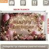 2D Pink Floral Arch Happy Birthday Backdrop, Warm Light & Balloon Photography Background for Party