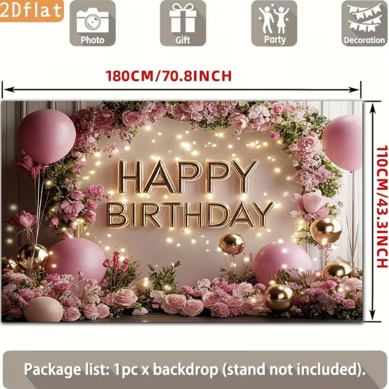 2D Pink Floral Arch Happy Birthday Backdrop, Warm Light & Balloon Photography Background for Party