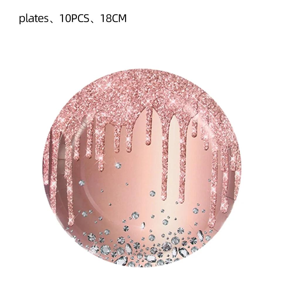 Roségold Themenparty Dekoration Geschirrset Diamant Glitzer Teller Tasse Luftballons Für Hochzeit Mädchen Kinder Geburtstagsparty Zubehör
