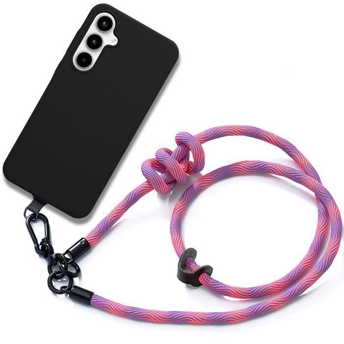 Coque de Protection - BOOLING - pour Samsung Galaxy A35 5G - Silicone Noir - Bandoulière Amovible Rose - Souple