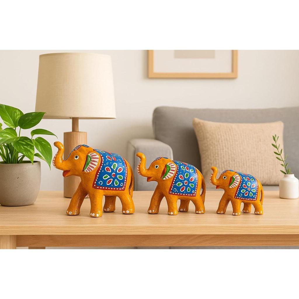 Paper Mache Elephant Showpiece for Enhance Home Decor - Yellow (Set of 3), Traditional, Artistic, Home Decor
