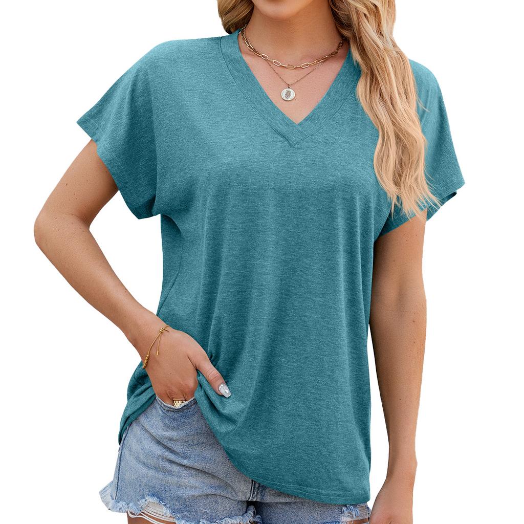 Summer V-neck Pure Color Casual Short-sleeved Women's T-shirts
