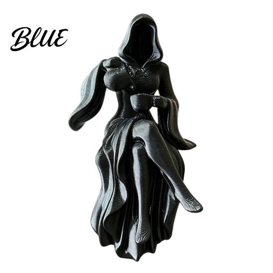 Hooded Girl Sculpture Gothic Reaper Lady Figurine 3D Printed Dark Fantasy Shelf Sitter Elegant Figurine Mysterious Black Robed Women Pouring Tea for