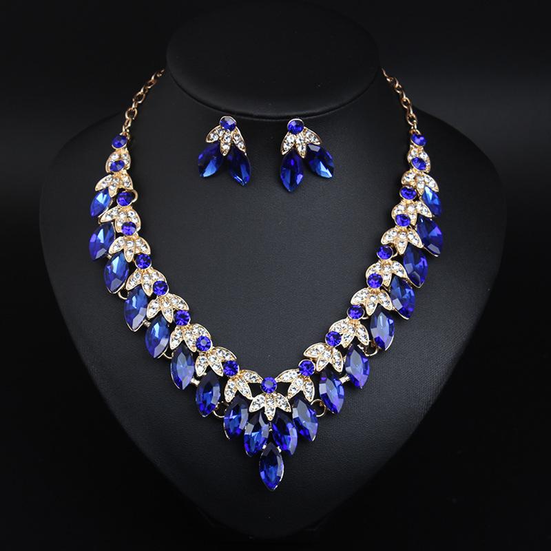Shining Temperament Crystal Gemstone Necklace Earrings Set Dress Wedding Dinner Women'S Jewelry