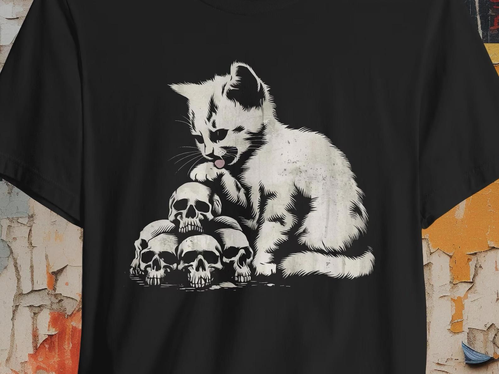 Cat Licking Paw Shirt | Skull Graphic Tee | Dark Humor Top | Bella + Canvas Unisex T-shirt | Halloween Apparel | Gothic Fashion 4XL