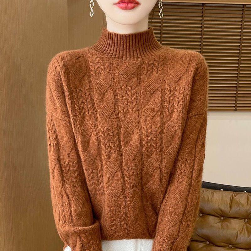 

Однотонный свитер с высоким воротником и перекрутом, женский осенне-зимний новый свободный и тонкий утолщенный пуловер, базовый вязаный свитер-топ average size